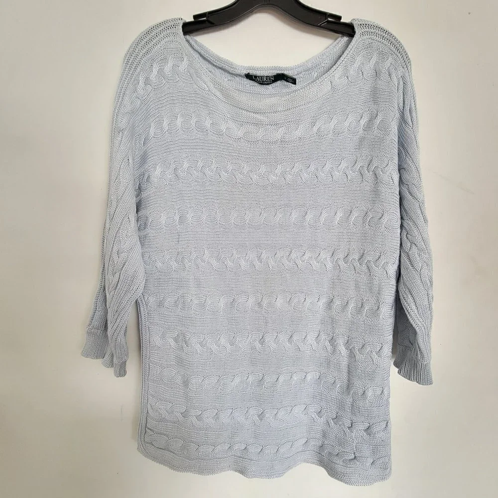 Lauren Ralph Lauren Cable Knit Light Baby Blue 3/4 Sleeve Cotton Sweater Large